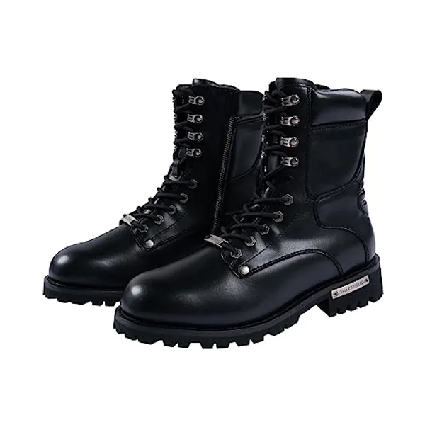 Men's Motorcycle Boot For Riding PU Leather Combat Boots For Men Waterproof Biker Boots with Lace-Up Side Zipper