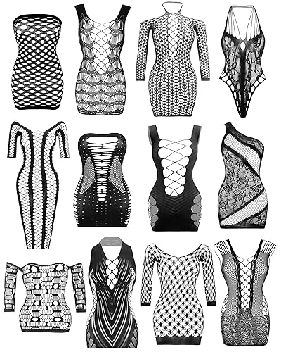 JDiction Women’s Lingerie BabyDoll Fishnet Bodysuit Sexy Nightwear(12 Pack) - Black02