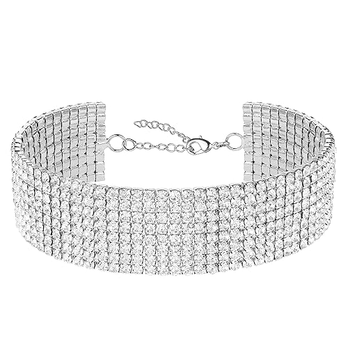 Fesciory Silver Rhinestone Tennis Necklaces for Women, Dainty Adjustable Layered Twist Rope Cubic Zircon Diamond Butterfly Choker Necklace, Iced Out Heart Jewelry Gifts for Girls - 8 Row Rhinestone