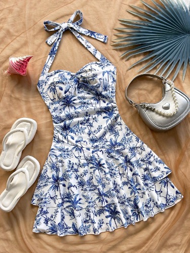 Soleia Women's Halter Mini Dress, Blue & White Floral, Coconut Tree Print, For Summer Beach Vacation