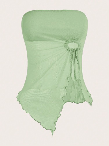 SHEIN ICON Solid Drawstring Asymmetrical Hem Mesh Tube Top