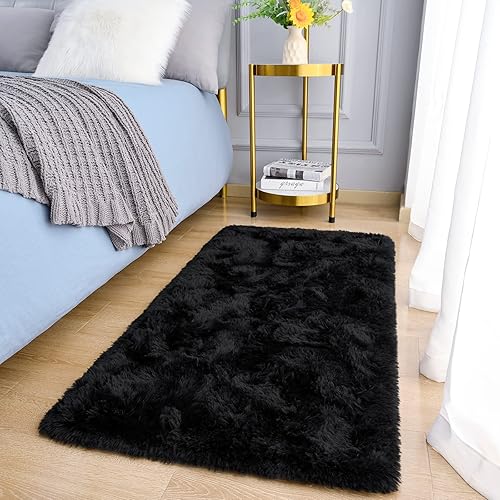 Amearea Shag Fluffy Small Rug, 2x4 Feet Throw Rugs for Bedroom Girls Living Room, Extra Soft and Fuzzy Shaggy Carpet, Non Slip, Solid Color Nursery Home Floor Decor Carpets, Black - 2x4 Feet - Black