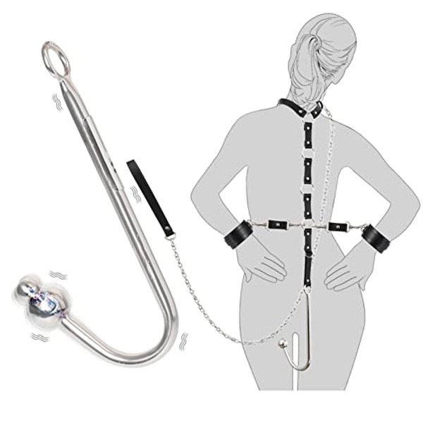 Vibrating Anal Hook Sex Bondage BDSM Kit, 2 in 1 Leather Restraints Kit Anal Trainer with 9 Vibration Modes, Adjustable Handcuffs Collar Rope Traction Chain, Unisex SM Sex Toy for Women & Couples