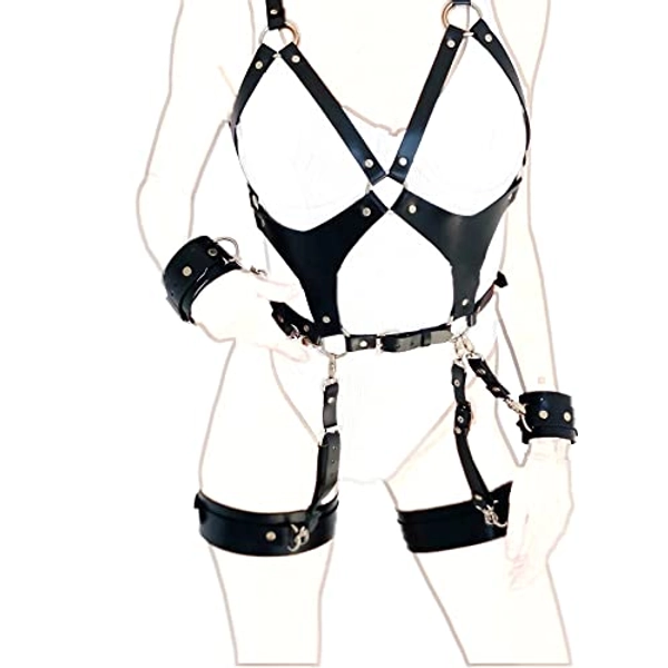 ALLOVME Leather Body Harness, Sexy Chain Belt Chest Harness and Leg Harness Lingerie Set with Handcuffs