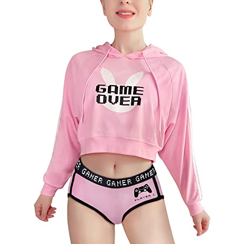 Littleforbig Women's Bunnywatch Cosplay Gaming Casual Regular Fit Long Sleeve Drawstring Cropped Hoodie Jacket Pink - Pink - Large
