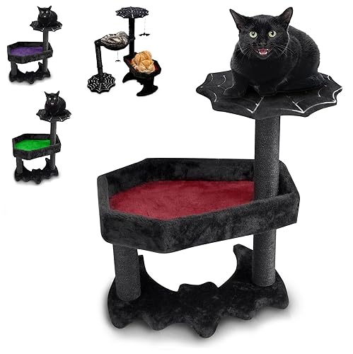 Gothic Cat Tree with Coffin Cat Bed, Gothic Cat Tower, Coffin cat Tree with Sisal Scratching Posts for Halloween cat, Small Size, Black with Red Littlesy - Small - Black and Red