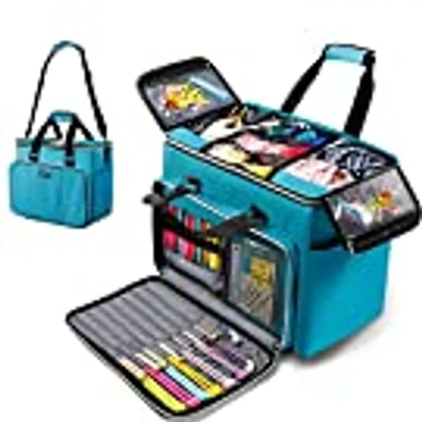 Knitting Bag, Large Yarn Storage Organizer, Crochet Bags and Totes, Yarn Bags for Crocheting, Yarn Holder Case for Knitting Needles, Crochet Hooks, Knitting Accessories, Unfinished Project, Teal Blue