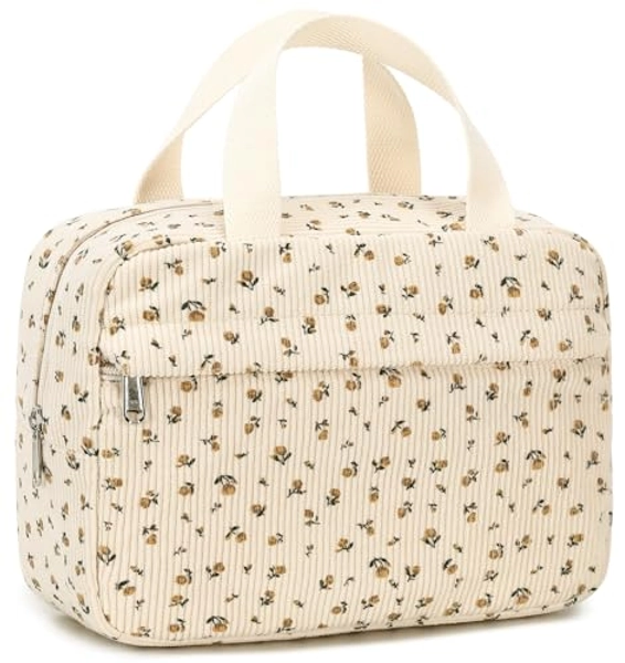 Makeup Bag for Women Girls Cute Corduroy Travel Cosmetic Tote Large Floral Make Up Organizer Toiletry Bags Zipper Pouch Purse