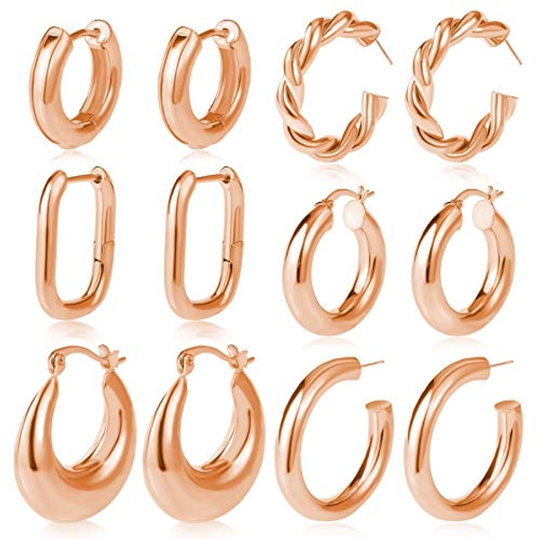 6 Pairs Chunky Gold Hoop Earrings Set for Women 14K Gold Plated Hypoallergenic Thick Open Huggie Hoop Set Jewelry for Gifts