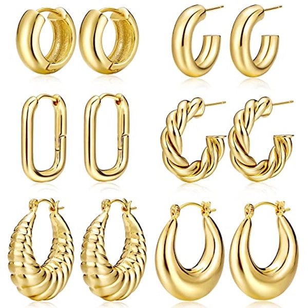 Gold Hoop Earrings for Women,14K Gold Plated Thick Hoop Earrings Pack, Chunky Hoops Set Hypoallergenic, Small Hoop Jewelry for Girls