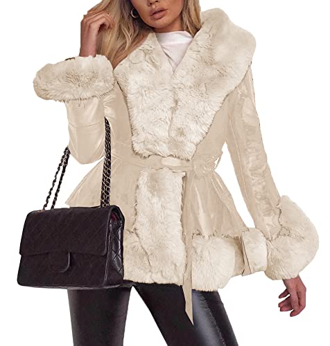 Aurgelmir Women's Faux Leather Jacket Coat Short/Long Parka Coat with Fur Collar Outwear - Small - Beige