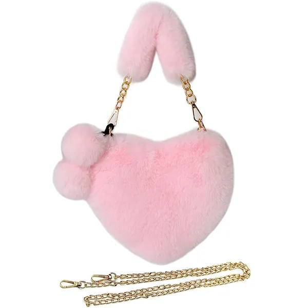 Rejolly Furry Purse for Girls Heart Shaped Fluffy Faux Fur Handbag for Women Soft Small Shoulder Bag Clutch Purse