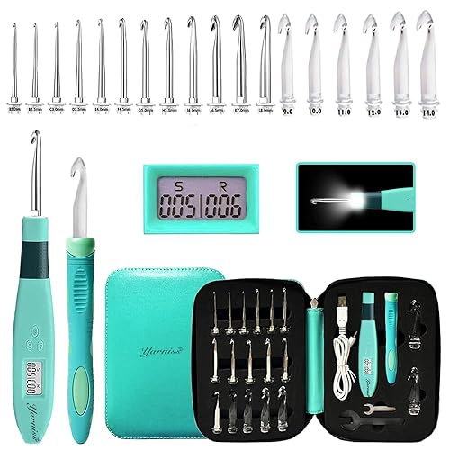 Yarniss 18 Size Counting Crochet Hooks with Light, Digital Counter Crochet Hooks Set with Case (2.0mm~14.0mm) - 18 Size
