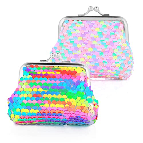 Prasacco 2 Pcs Sequin Coin Purses Reversible Sequin Mini Wallet with Kiss-Lock Closure Colorful Change Coin Purse Bag Handbags for Kids Girls Women Party Favor