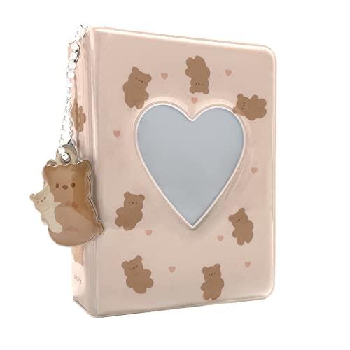 3 Inch Mini Photo Album, Heart Hollow Card Binder Photo Album Photo Card Holder with Pendant 40 Pockets (beige bear) - beige bear
