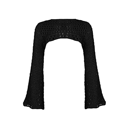 FeMereina Women Y2k Crochet Knit Hollow Out Crop Top Long Flared Sleeve Shrug Sweater Cropped Mesh Sweater Cover Ups Vintage Pullover Top (0, One Size)
