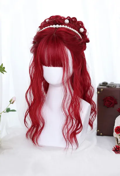 Halloween Harajuku Lolita Witch Red Long Wavy Irregular Wig with Bangs
