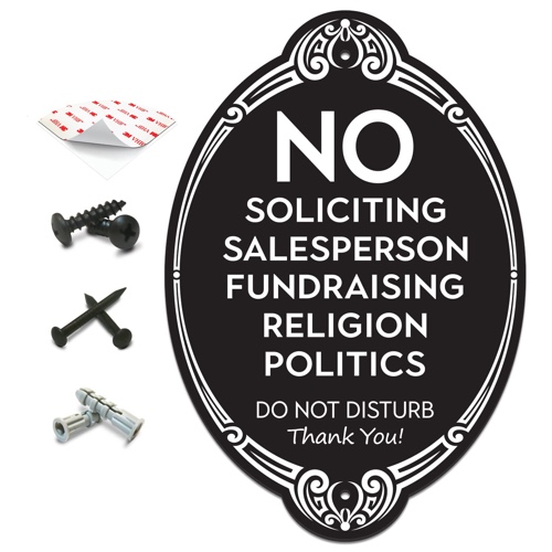 SignSeries No Soliciting Sign for House - No Knock Door Sign, 7.5" X 5" - All Mounting Hardware Included, Easy Installation on Wall, Door or Doorbell - Heavy Duty and Weather Resistant