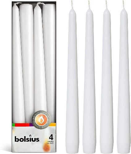 BOLSIUS 4 White Taper Candles - Unscented 10 Inch Dinner Candle Set - Premium European Quality - Smokeless Dripless Household, Wedding, Party, Home Decor 7.5 Hour Burn Time