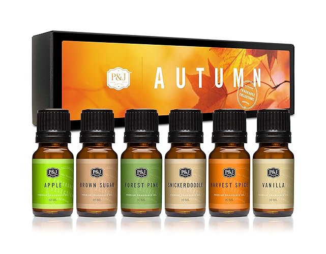 P&J Fragrance Oil Autumn Set | Brown Sugar, Apple, Harvest Spice, Vanilla, Forest Pine, and Snickerdoodle Scents for Candle Making, Freshie Scents, Soap Making Supplies, Diffuser Oil Scents - Autumn - 0.34 Fl Oz (Pack of 6)