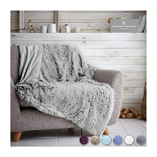 FAIRWAYUK Fluffy Faux Fur Throw 150x200 cm, Premium Longhair Warm Cosy Fluffy Blanket for Bed, Ultra Soft Comfort Fleece Throws for the Sofa, Bed, Chair, Settee, Couch, Silver - Silver
