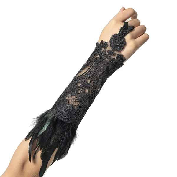 Steampunk Gloves Vintage Feather Cuff Lace Fingerless Gloves Elastic Arm Chain for Halloween Role Playing Party