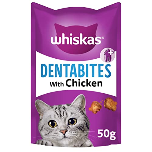 WHISKAS DentaBites Cat Dental Treats for Oral Care, Reduce Build up and Help Control Tartar, with Delicious Chicken, 8 x 50 g - Pack May Vary - Chicken - 50 g (Pack of 8)