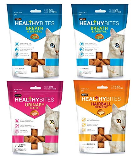VetIQ Healthybites For Cats Variety Pack 4 x 65g Cat Supplement for Breath & Dental Hairball Removal and Urinary Care Tasty Pet Remedy with Chicken Duck Cheese & Catnip - VETIQ Cats Variety Pack, 4 x 65g