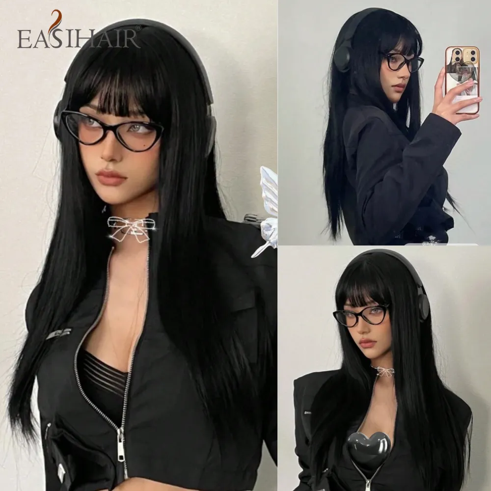 EASIHAIR Long Silky Straight Synthetic Wigs with Bangs Black Cosplay Party Lolita Hair Wigs for Women Natural Heat Resistant Wig - AliExpress 200165144