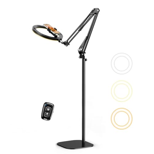 Latest Ring Light Overhead Phone Mount, Evershop Ring Light with Stand and Phone Holder, 10”LED Phone Stand for Recording with Remote Control for Video Recording,Streaming,Zoom,Tiktok,YouTube(Black) - White