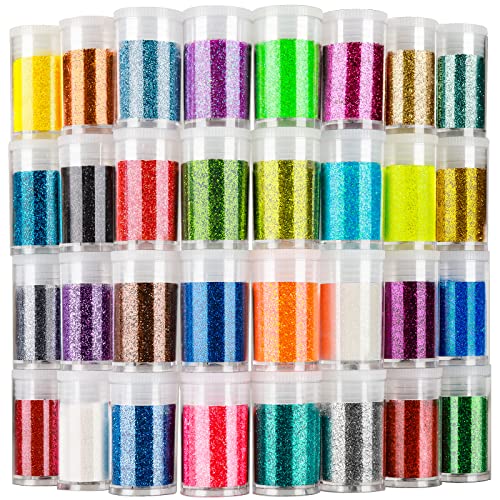 LEOBRO Glitter, Fine Glitter for Resin, Set of 32 Colors Glitter, Extra Fine Resin Glitter Powder, Craft Glitter for Epoxy Resin, Assorted Body Face Hair Glitter Bulk, Christmas Glitter Tumbler Crafts - A-Fine glitter