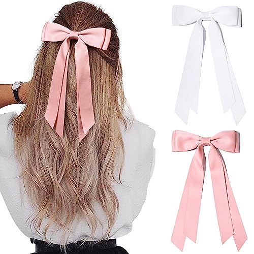 2PCS Silky Satin Hair Bows Hair Clip Pink White Hair Ribbon Ponytail Holder Accessories Slides Metal Clips Hair Bow for Women Girls Toddlers Teens Kids - Pink & White