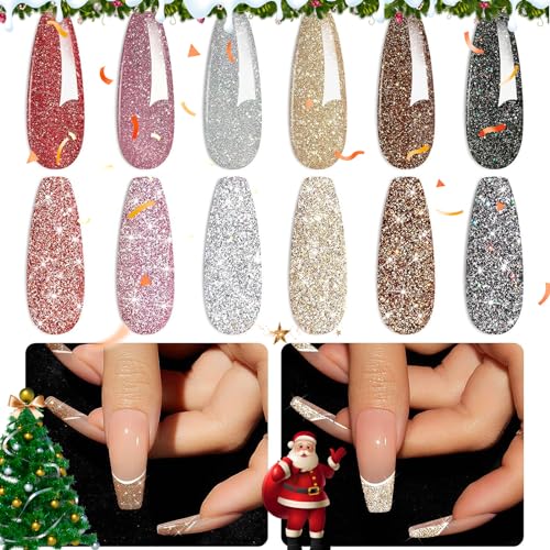 beetles Gel Polish Reflective Glitter Gel Nail Polish Set, 6 Colors Holographic Sparkle Glitter Gel, Flash Diamond Sliver Gold Black Red UV LED Soak Off Manicure Kit Christmas Gift for Women Girls