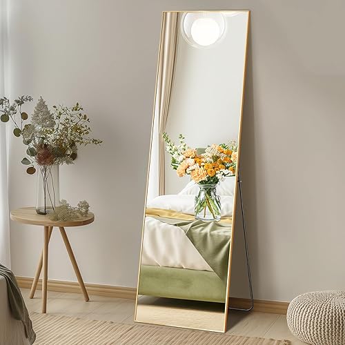 DUMOS Full Length Mirror with Stand 64"x21" Floor Standing Aluminum Frame for Bedroom Body Hanging Leaning Modern Simple Home Decor Shatter-proorf Nano Glass Wall Living Room Cloakroom Gold - Rect-gold - 64"L x 21"W