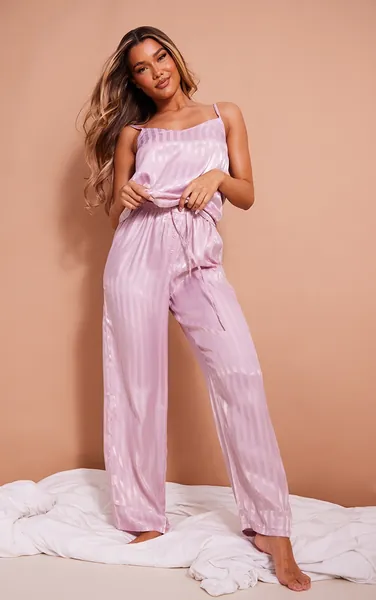 Pink Satin Jacquard Stripe Cami Pj Set