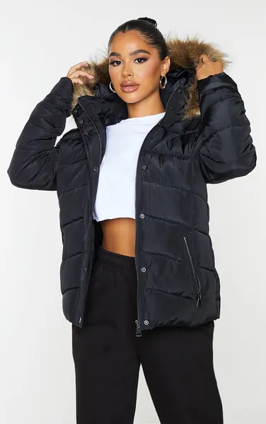 Petite Black Faux Fur Hood Puffer Jacket
