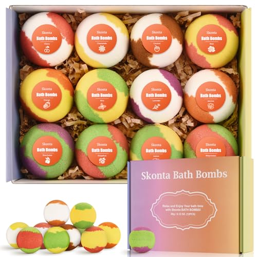 Skonta Bath Bombs Gift Set, 12-Pieces Handmade Vegan & Cruelty Free Bath Bombs, Fizzy Bubble, Perfect for Bubble and Spa Bath, Birthday Mothers Day Gifts Idea for Her/Him, Wife, Girlfriend Teens