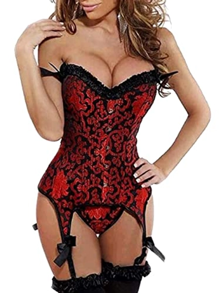 Kelvry Women's Gothic Satin Lace up Boned Bustier Corset Top with Suspenders Plus Size 6-24 Red