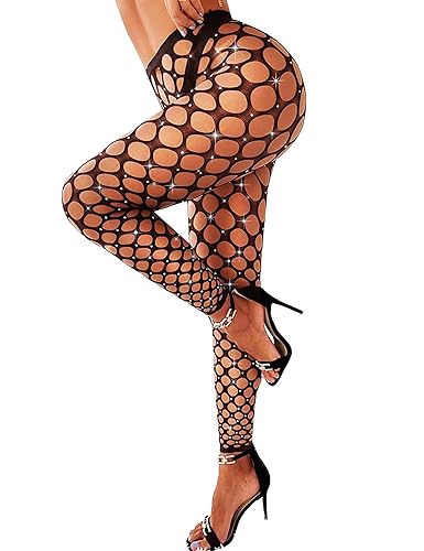 RSLOVE Women Sexy Tights Fishnet Rhinestones Sparkly Pantythose - One Size - Black