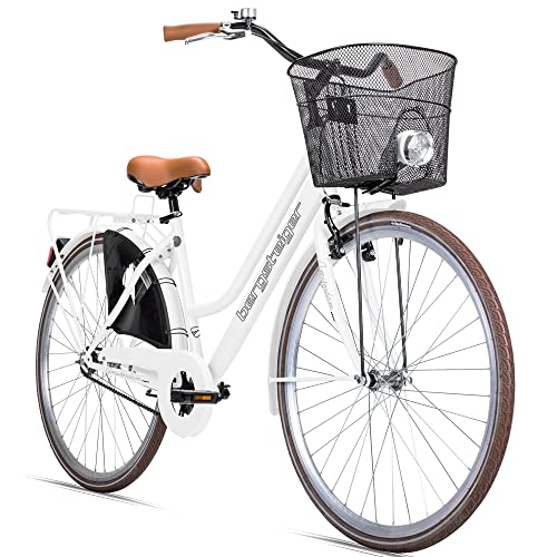 Bergsteiger Amsterdam 26 Zoll, 28 Zoll Damenfahrrad, ab 150 cm, Korb, Fahrrad-Licht, Damen-Citybike mit Rücktrittbremse, Hollandrad im Retro-Design - shiny white, 28 Zoll
