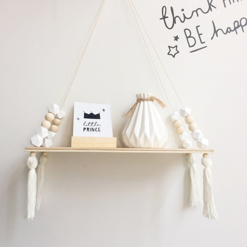 Beaded Hanging Wooden Shelf - White