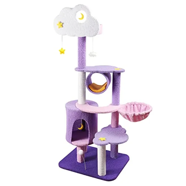 Lucky Monet 59 Inches Cat Tree for Indoor Cats, Multi-Level Cat Tower for Large Cats Cute Purple Pink Cat Tree Unique Cat Condo with Scratching Post Hammock Condo Pompom Ball Toy