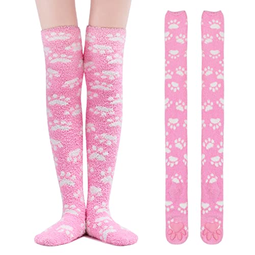 LittleForBig Knee/Thigh High Cosplay 3D Paw Pad Silicone Kitten Over The Knee Coral Fleece Socks - Dot Pink White