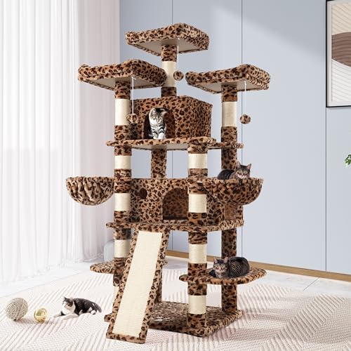 Allewie 68 Inches Cat Tree/Cat Tree House and Towers for Large Cat/Cat Climbing Tree with Cat Condo/Cat Tree Scratching Post/Multi-Level Large Cat Tree/Leopard Print - Leopard Print