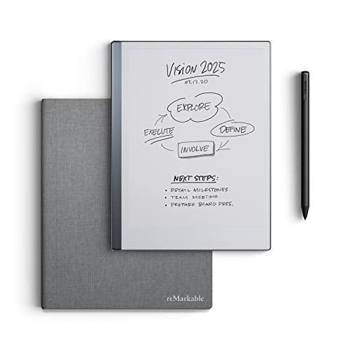 reMarkable Essentials Bundle – Gray | reMarkable 2 Paper Tablet | includes 10.3” reMarkable Tablet, Marker Plus Pen with Eraser, Book Folio Cover in Gray Polymer Weave, and 1-Year Free Connect Trial - reMarkable 2 Bundle with Folio