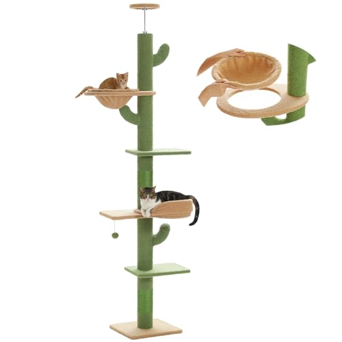 PETEPELA Floor to Ceiling Cat Tree [87"-100"] Height Adjustable, 5 Levels Cactus Cat Tower with Cat Perch&Replaceable Hammock(Visible Acrylic Bowl), 4.1" Super Robust Cat Scratcher Green - 87"-100" - Plush Green