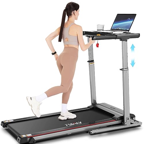 Treadmill with Desk Workstation & Adjustable Height, 300 LBS Weight Capacity, Folding Treadmill with Incline, Bluetooth Speaker & App, Portable Walking Pad Treadmill with Desktop for Home Office - Silver