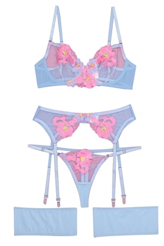 Aranmei Lingerie Set for Women 4 Piece Lingerie Set with Floral Embroidered Lace Sheer Underwire Bra with G-String Thigh Bands with Garter Belt Lingerie Set - S - Blue Pink