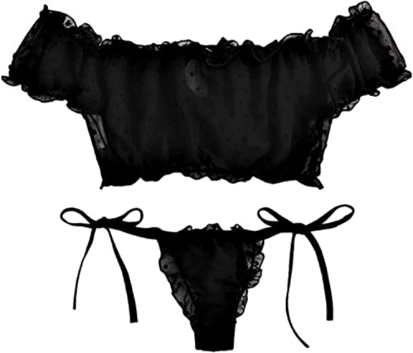 VicSec Women Sexy Babydoll Lingerie Set, Cute Transparent Bra and Panties Set, Adjustable Bowknot Strappy Teddy Underwear Naughty Sleepwear Nighties for Valentines Gift - One Size - Black