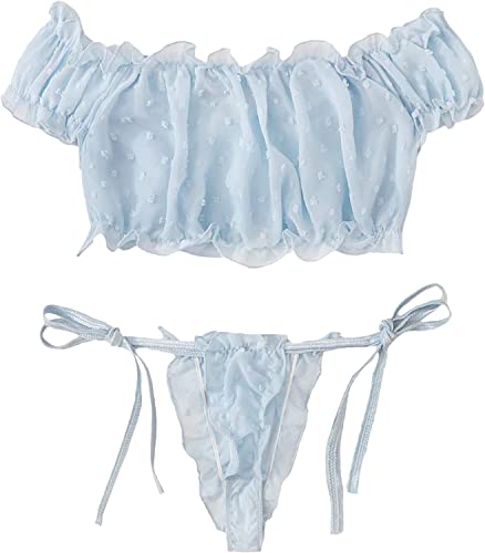 VicSec Women Sexy Babydoll Lingerie Set, Cute Transparent Bra and Panties Set, Adjustable Bowknot Strappy Teddy Underwear Naughty Sleepwear Nighties for Valentines Gift - One Size - Blue